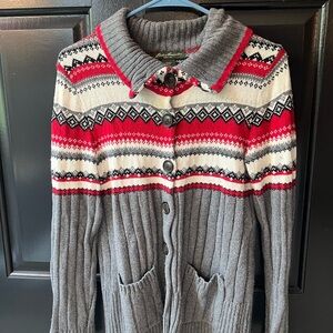 Eddie Bauer Gray and Red Fair Isle Cardigan